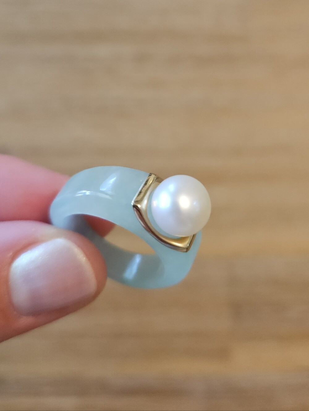 Jade With 14k Yellow Gold And Pearl Ring Size 7